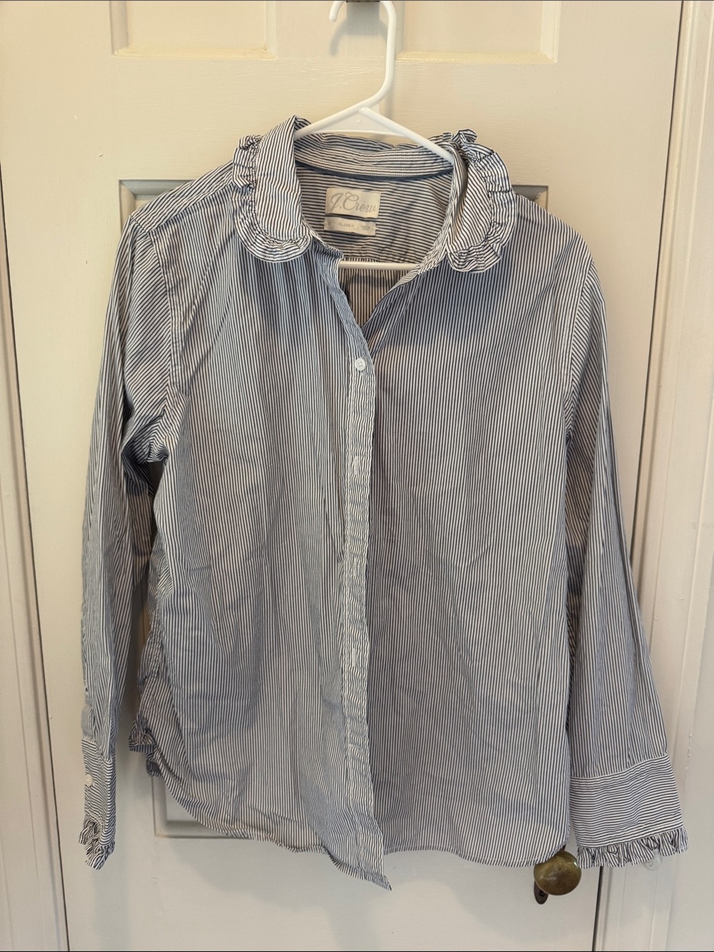J. Crew Blue and White Striped Ruffle-Collar Button Shirt